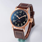 Seestern S408 black-dial bronze pilot watch on brown leather strap, angled studio product view
