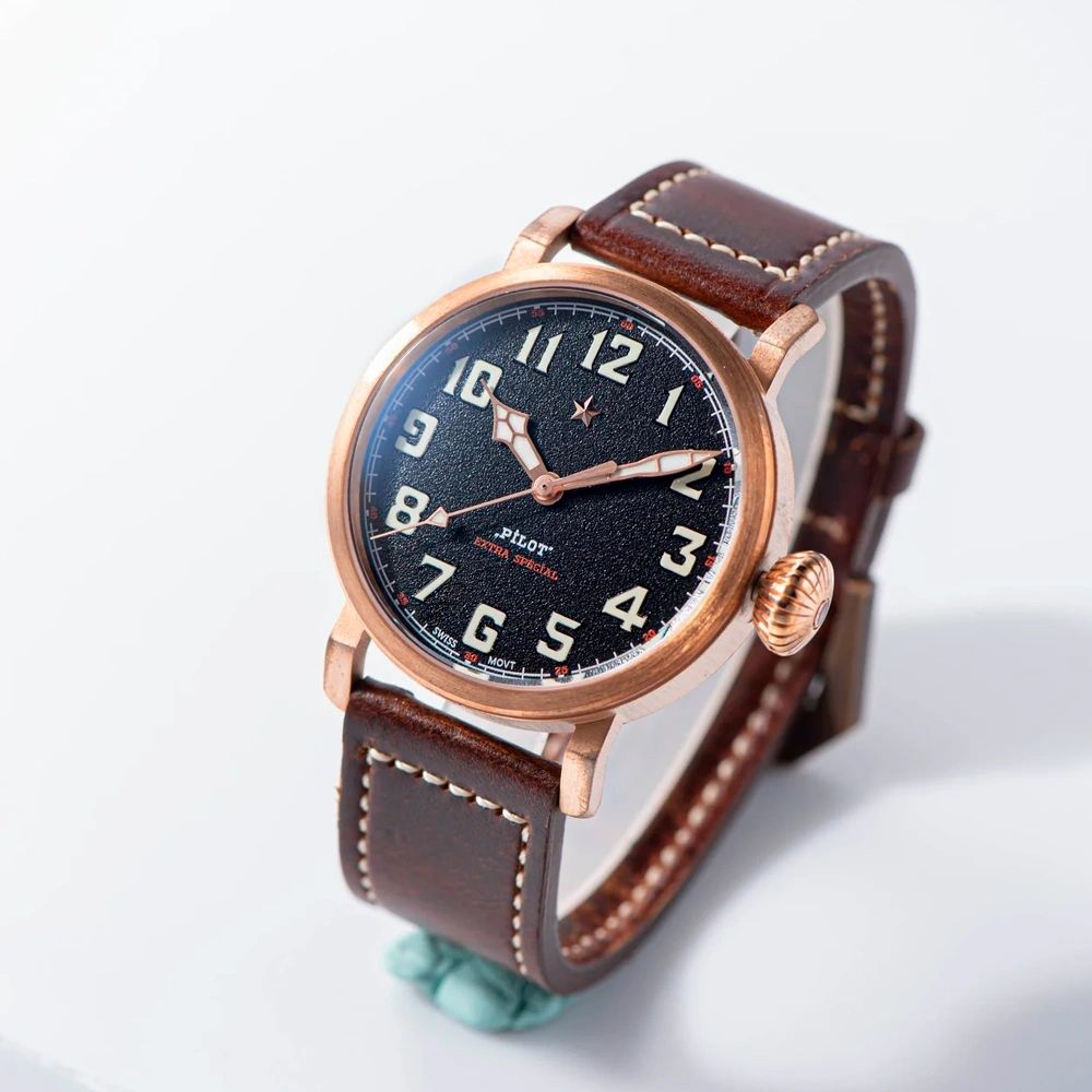 Seestern S408 automatic bronze pilot, black textured dial and brown leather strap, three-quarter view