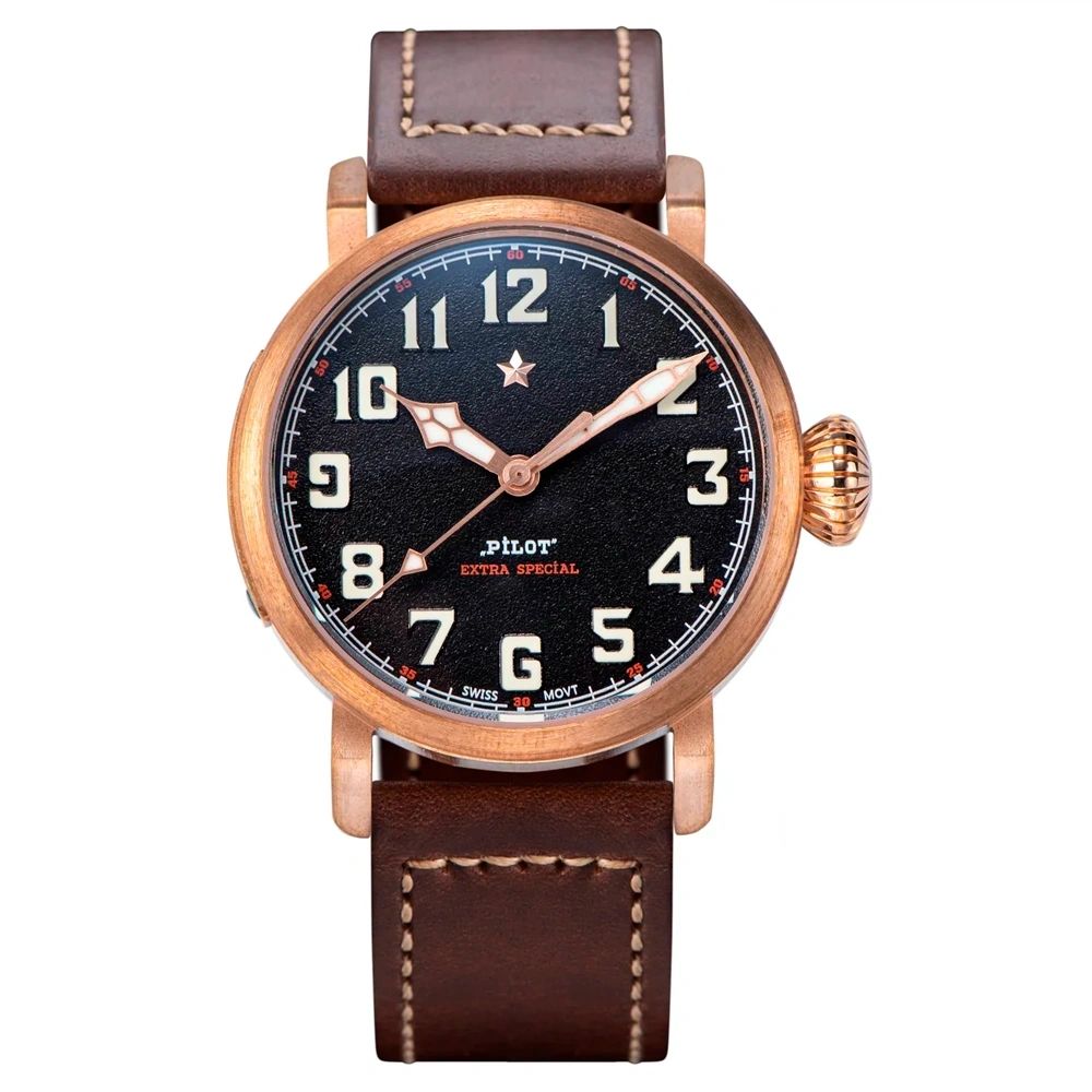 Seestern S408 automatic bronze pilot watch, black textured dial, red star, brown leather strap, front view