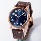 Seestern S408 blue-dial bronze pilot watch on brown leather strap, angled studio product view