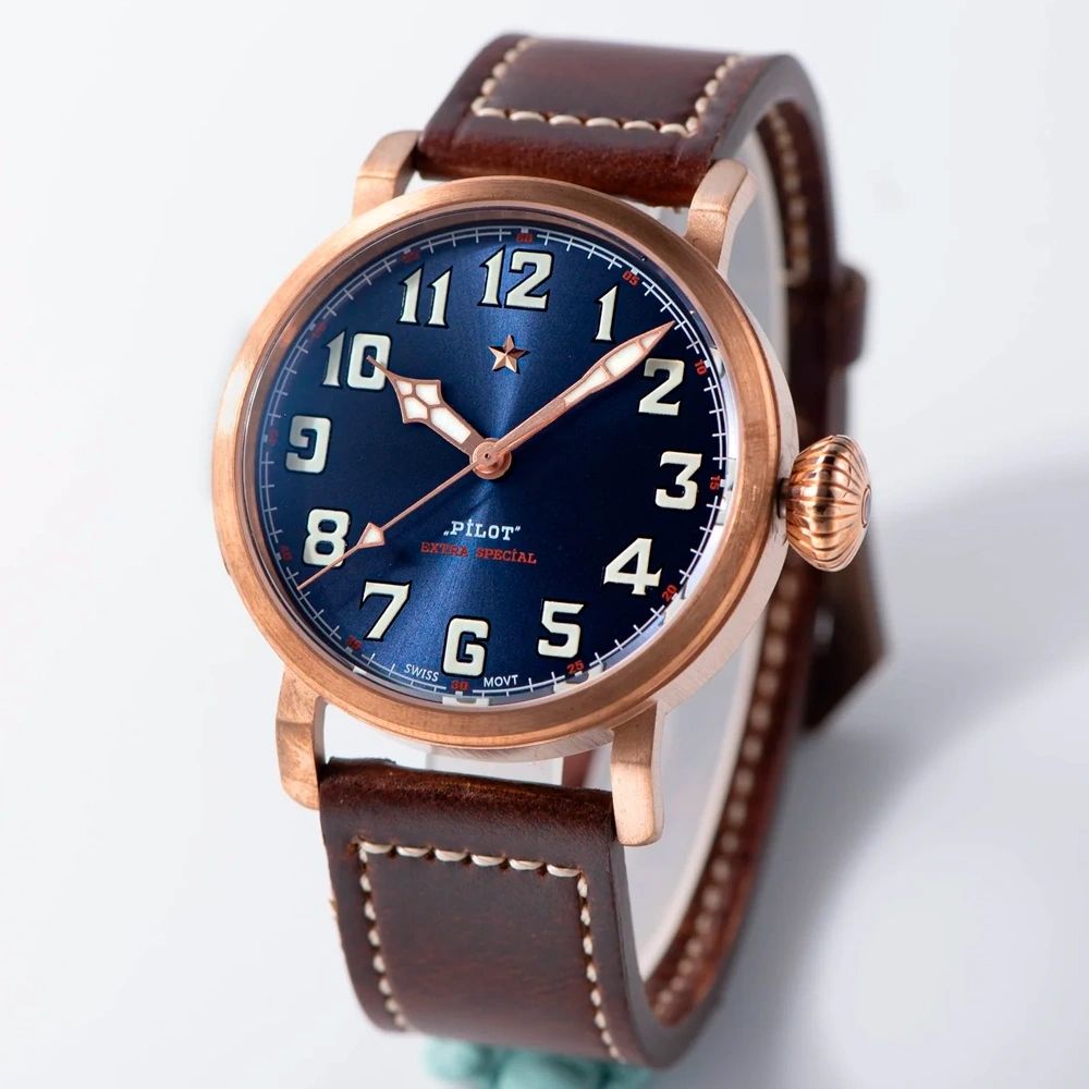 Seestern S408 blue-dial bronze pilot watch on brown leather strap, angled studio product view