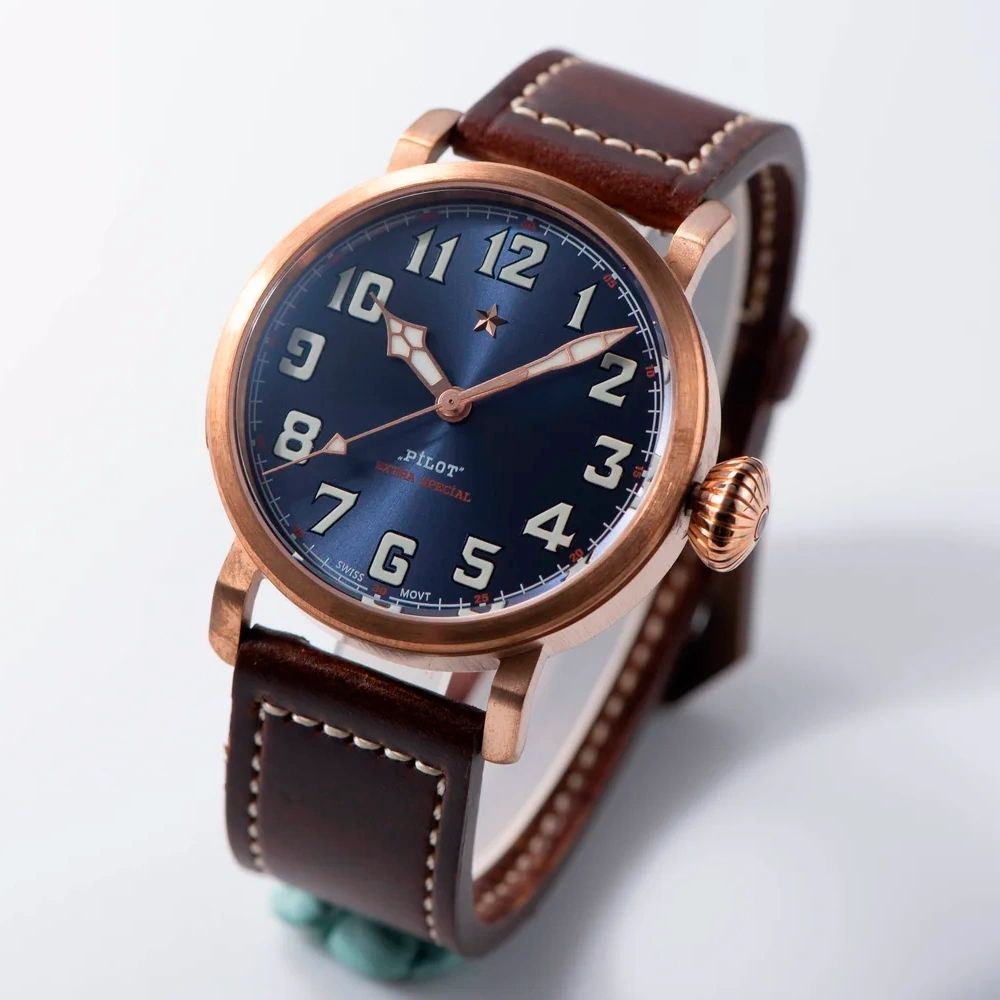 Seestern S408 automatic bronze pilot, blue sunburst dial and brown leather strap, three-quarter view