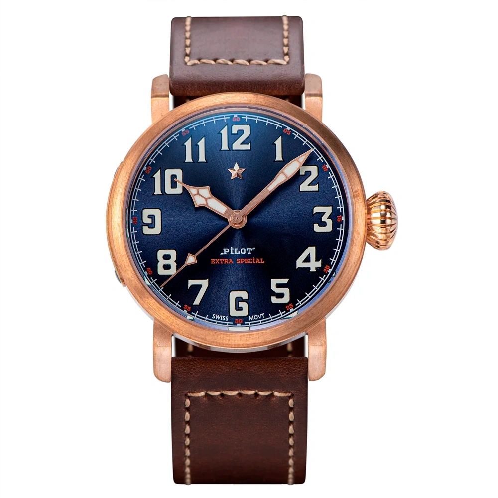 Seestern S408 automatic bronze pilot watch, blue sunburst dial, red star, brown leather strap, front view