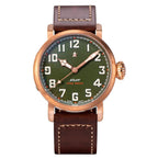 Seestern S408 automatic bronze pilot watch, green textured dial, red star, brown leather strap, front view