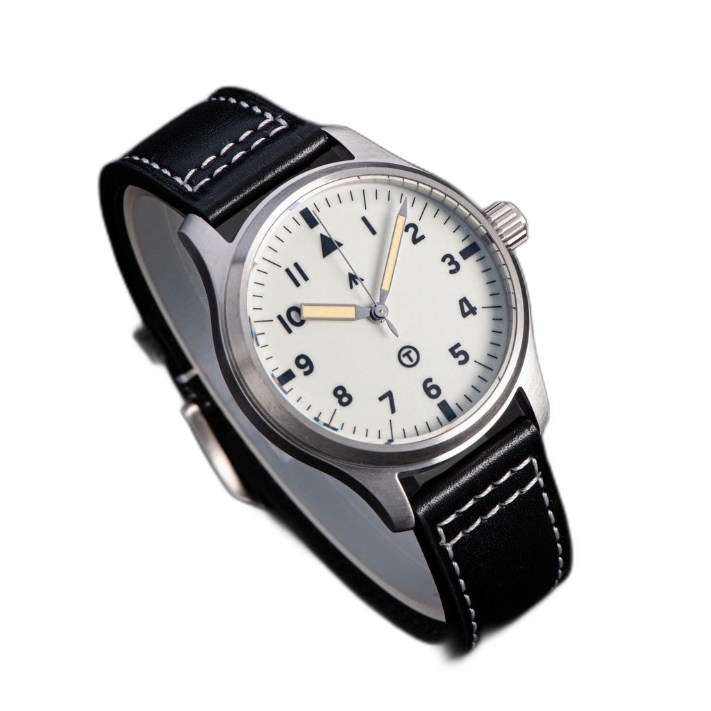 Seestern S424 flieger pilot, cream dial and brushed steel case, black leather strap, angled studio view
