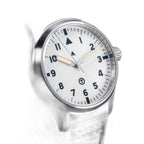 Seestern S424 flieger pilot, cream full-lume dial and steel case, black leather strap, three-quarter view
