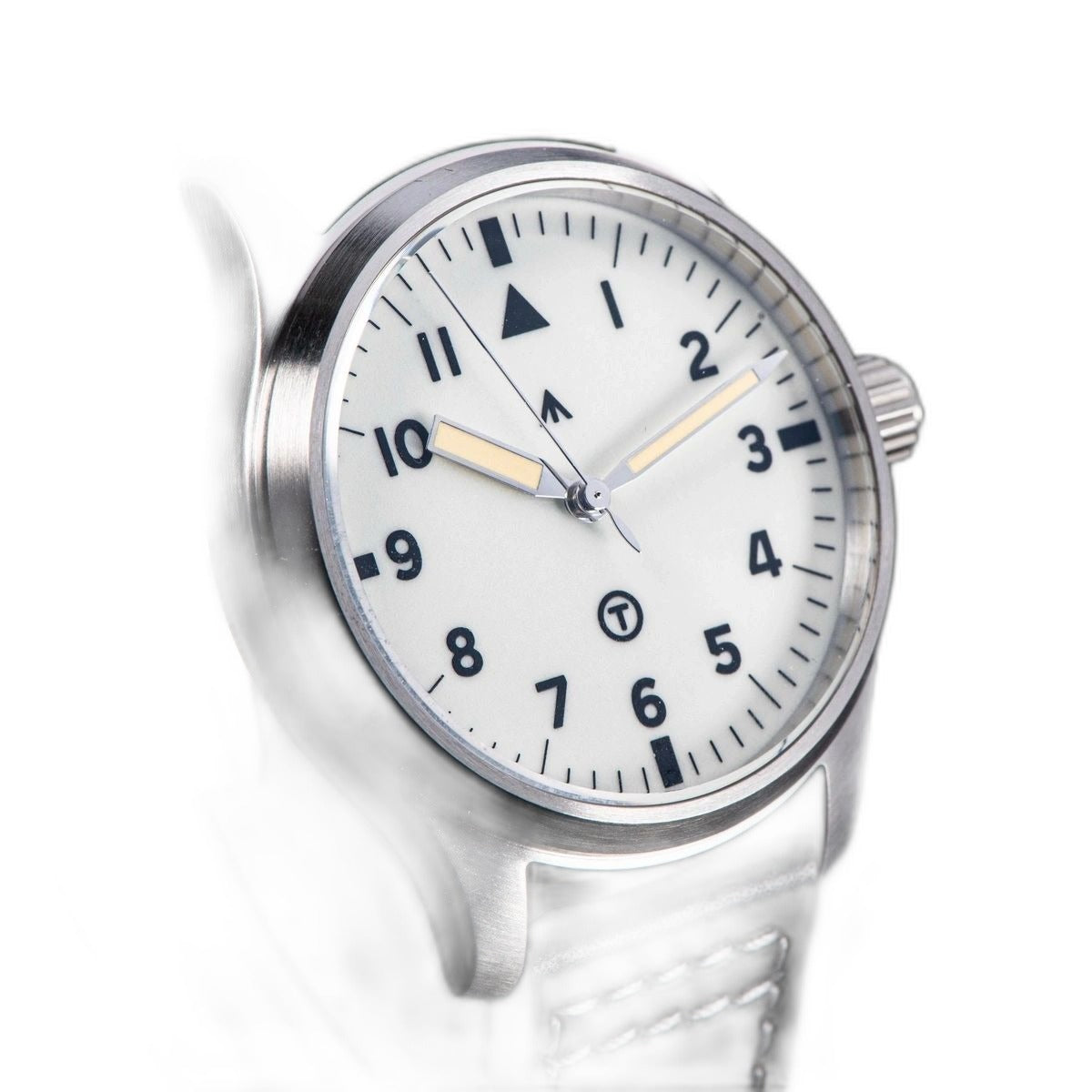 Seestern S424 flieger pilot, cream full-lume dial and steel case, black leather strap, three-quarter view