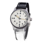 Seestern S424 cream lume dial pilot watch angled on black leather strap with white stitching