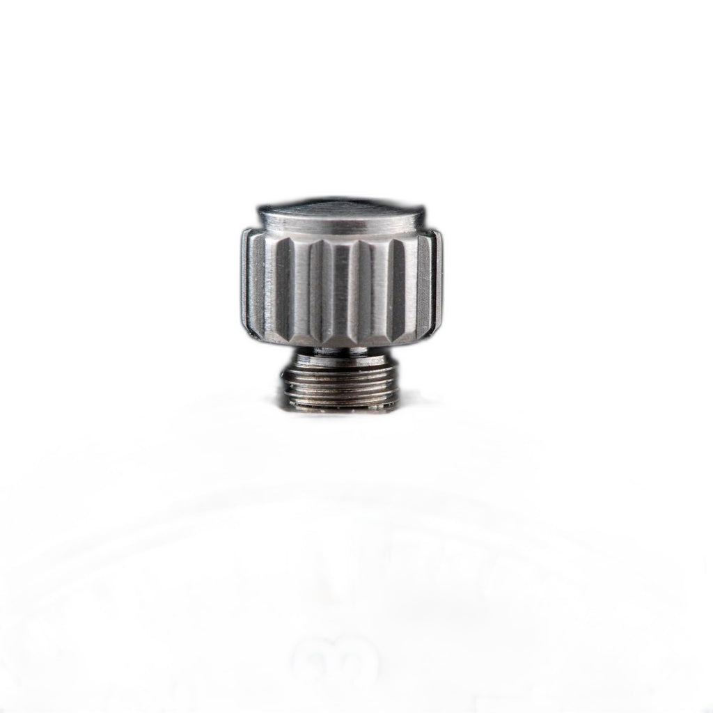 Seestern S424 flieger pilot watch knurled steel crown and polished case flank, macro detail