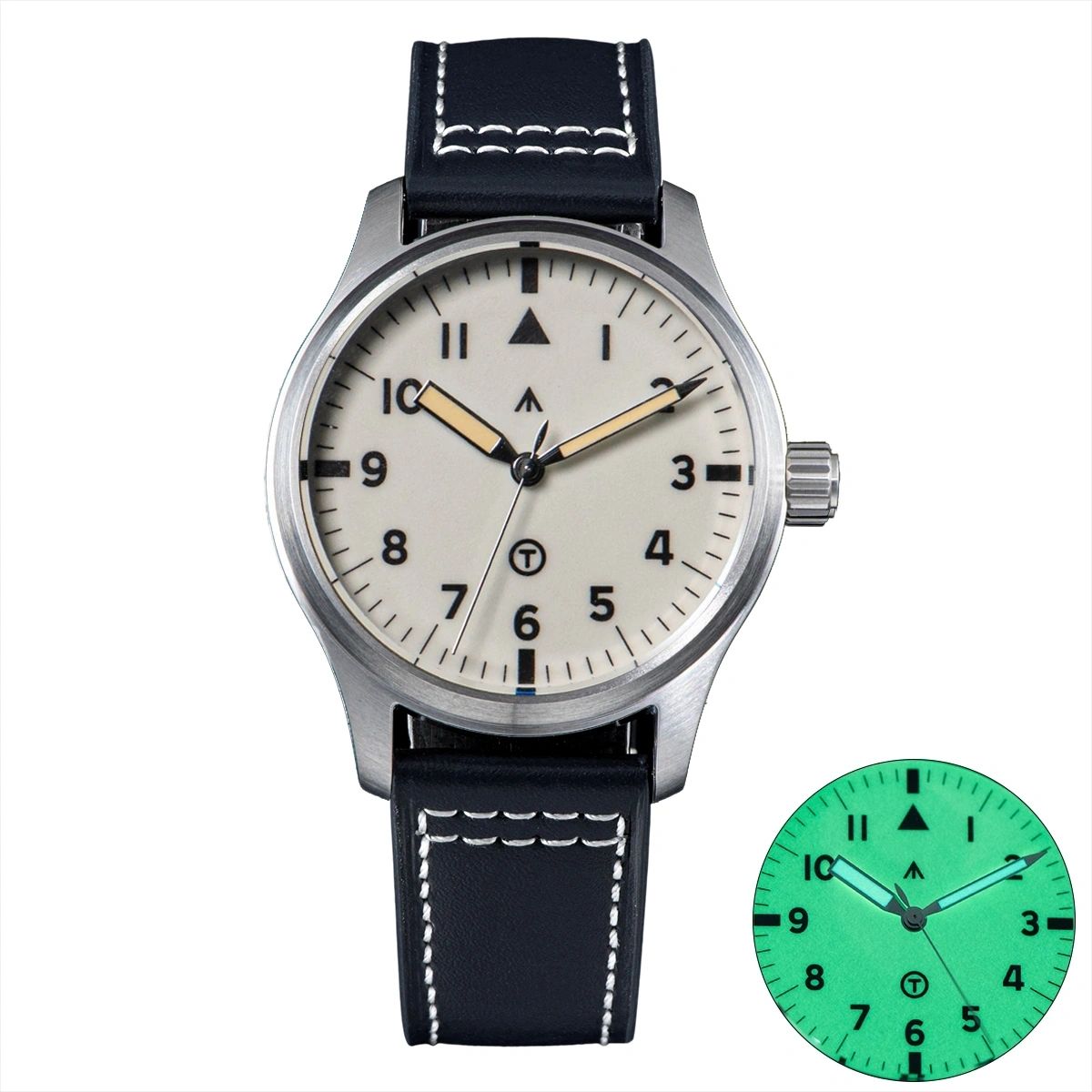Seestern S424 automatic flieger pilot 38mm, cream full-lume dial, steel case, black leather strap, front with lume inset
