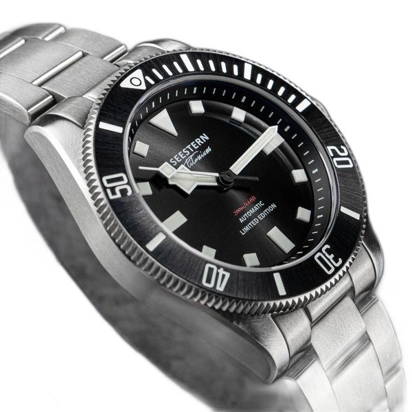 Seestern S430 titanium diver, black dial and bezel on titanium bracelet, angled studio view