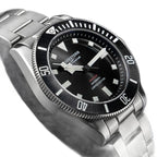 Seestern S430 titanium diver, black dial and bezel on titanium bracelet, angled studio view