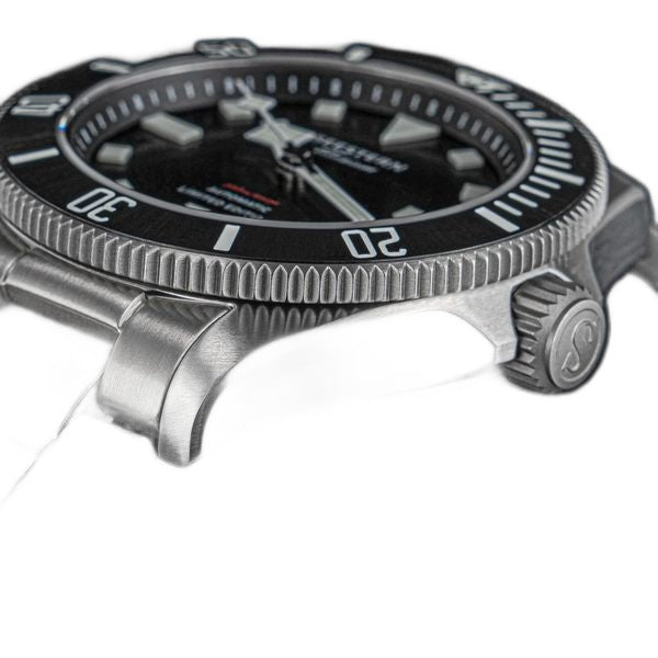 Seestern S430 black-dial titanium diver side profile with dive bezel and titanium case flank