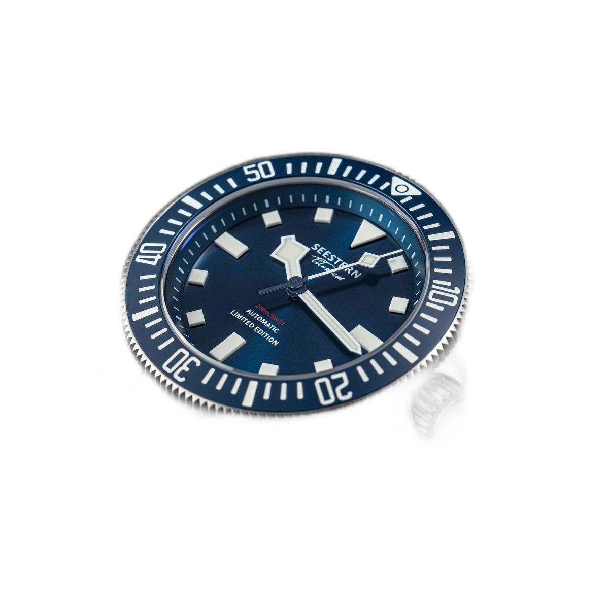 Seestern S430 blue-dial titanium diver on bracelet, angled view showing starfish-engraved crown