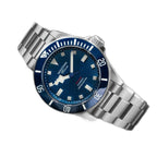 Seestern S430 titanium diver, blue sunburst dial and bezel on titanium bracelet, angled view on stone
