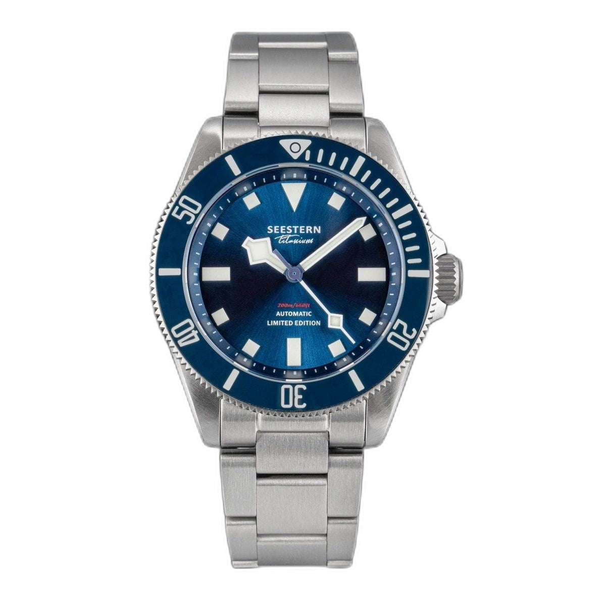 Seestern S430 titanium automatic diver, blue sunburst dial and blue bezel on titanium bracelet, front on black