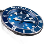 Seestern S430 blue-dial titanium diver close-up showing lume markers, sword hands and clean dial