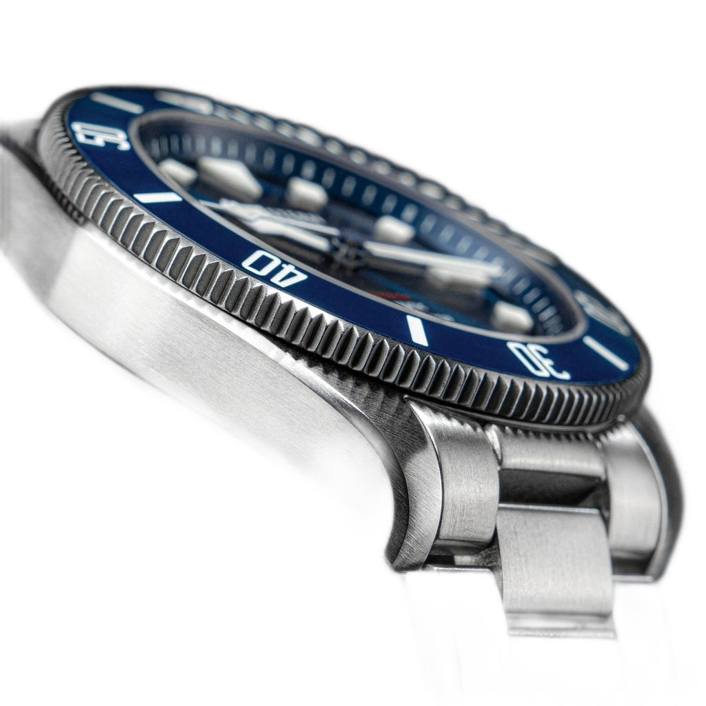 Seestern S430 titanium diver side profile with blue dive bezel and knurled screw-down crown