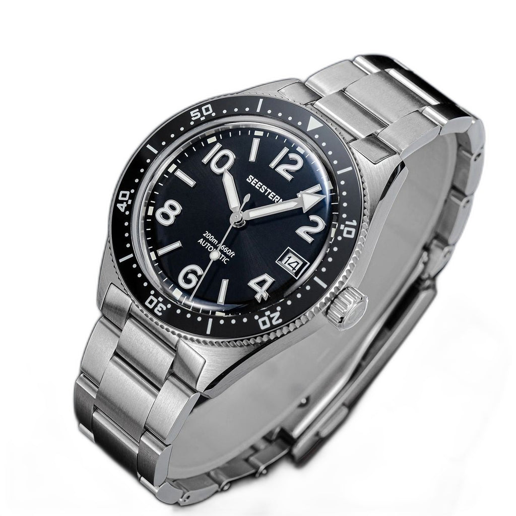 Seestern S434-2 black-dial skin diver on steel bracelet, dramatic angled studio view
