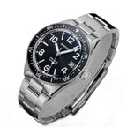 Seestern S434-2 black-dial skin diver on steel bracelet, dramatic angled studio view