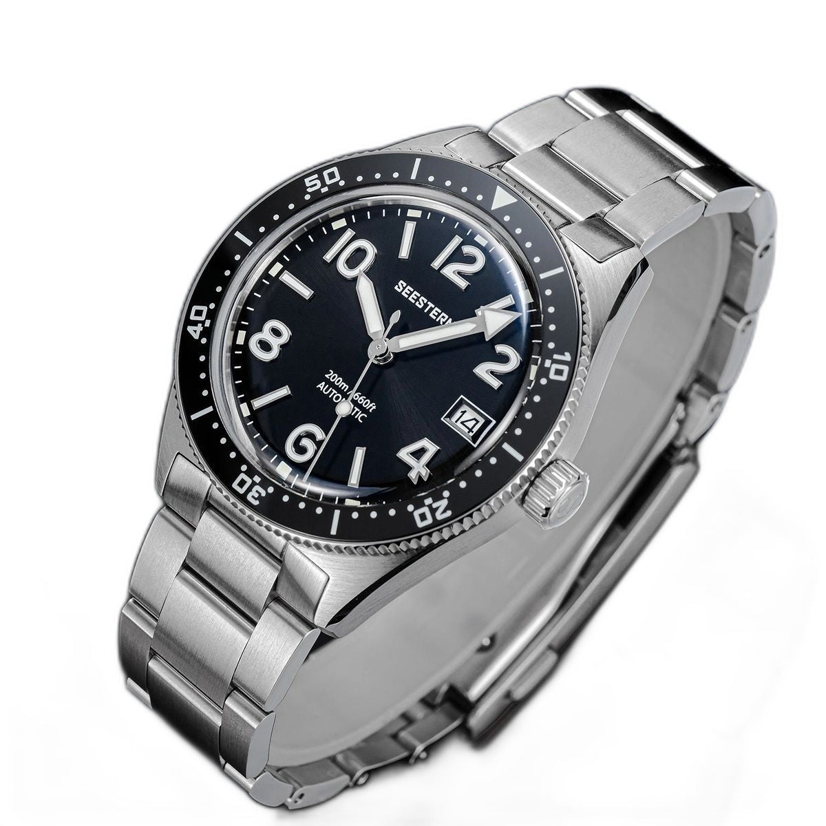 Seestern S434-2 black-dial skin diver on steel bracelet, dramatic angled studio view