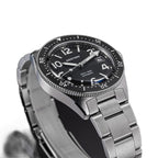 Seestern S434-2 black-dial skin diver on steel bracelet, close-up angled view