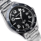 Seestern S434-2 black-dial skin diver on steel bracelet, three-quarter angled view