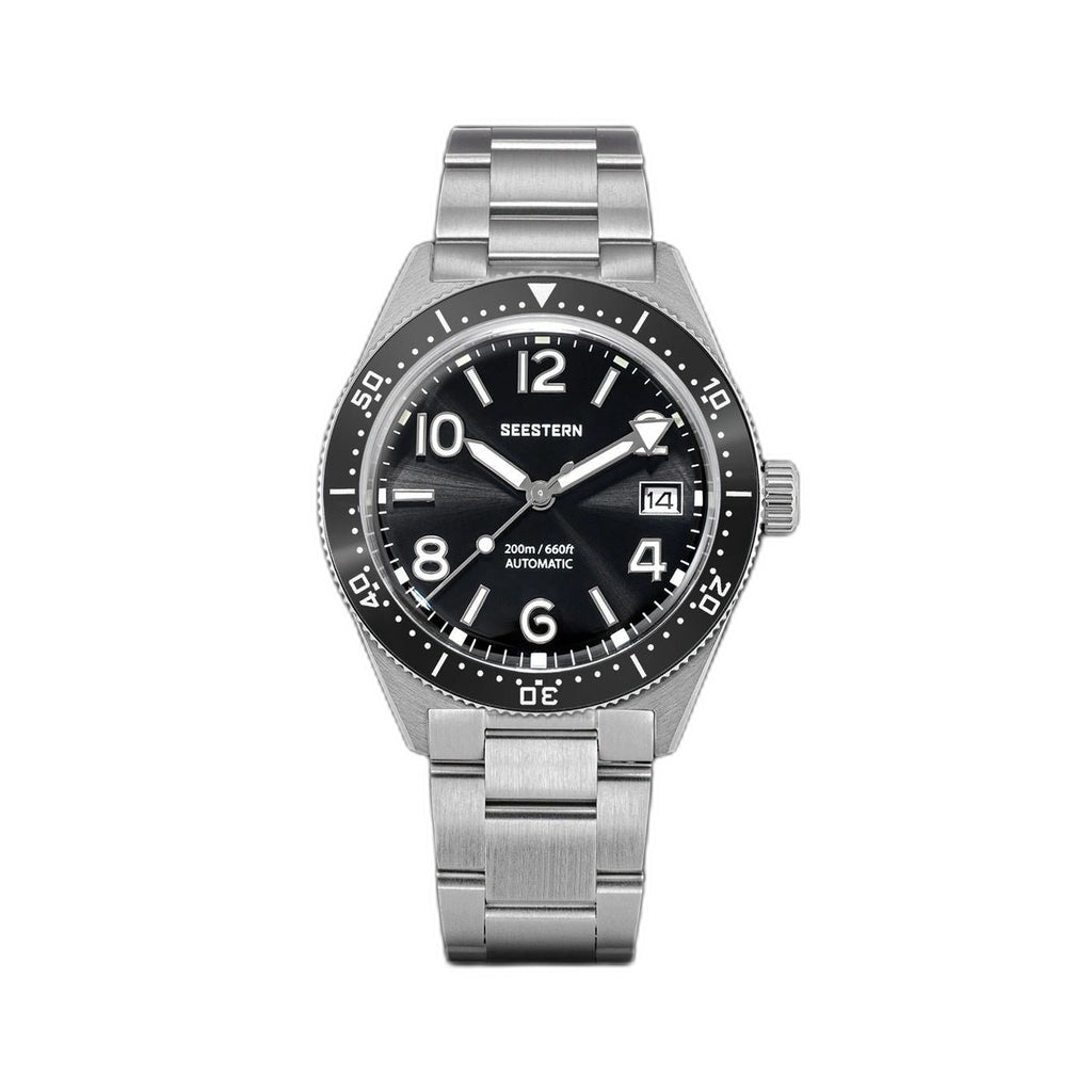 Seestern S434-2 automatic skin diver 39mm, black dial, black bezel, steel bracelet, front view