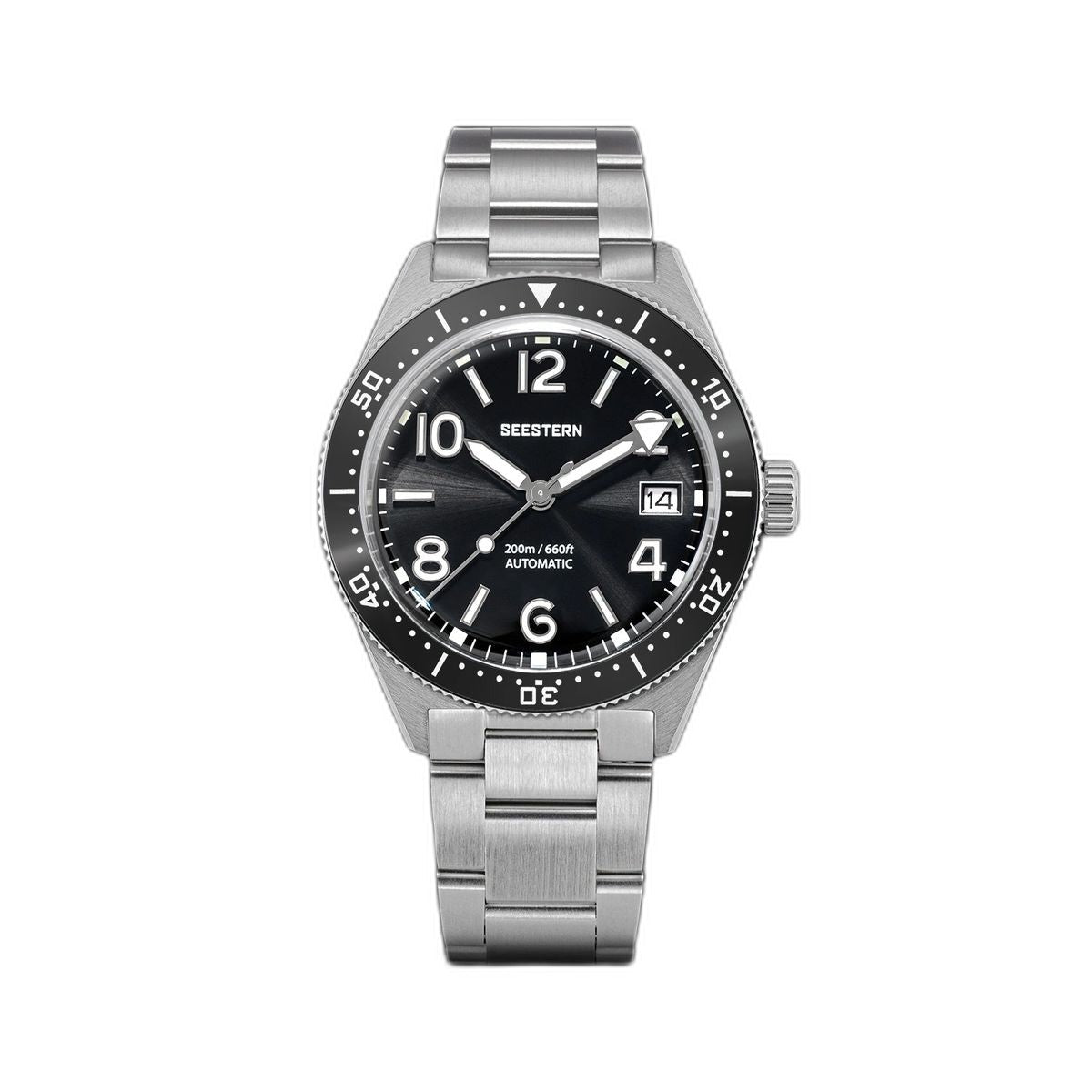 Seestern S434-2 automatic skin diver 39mm, black dial, black bezel, steel bracelet, front view