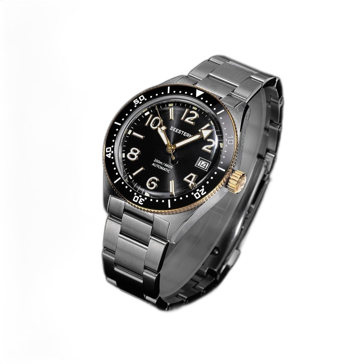Seestern S434-2 black-and-gold skin diver on steel bracelet, low angled view