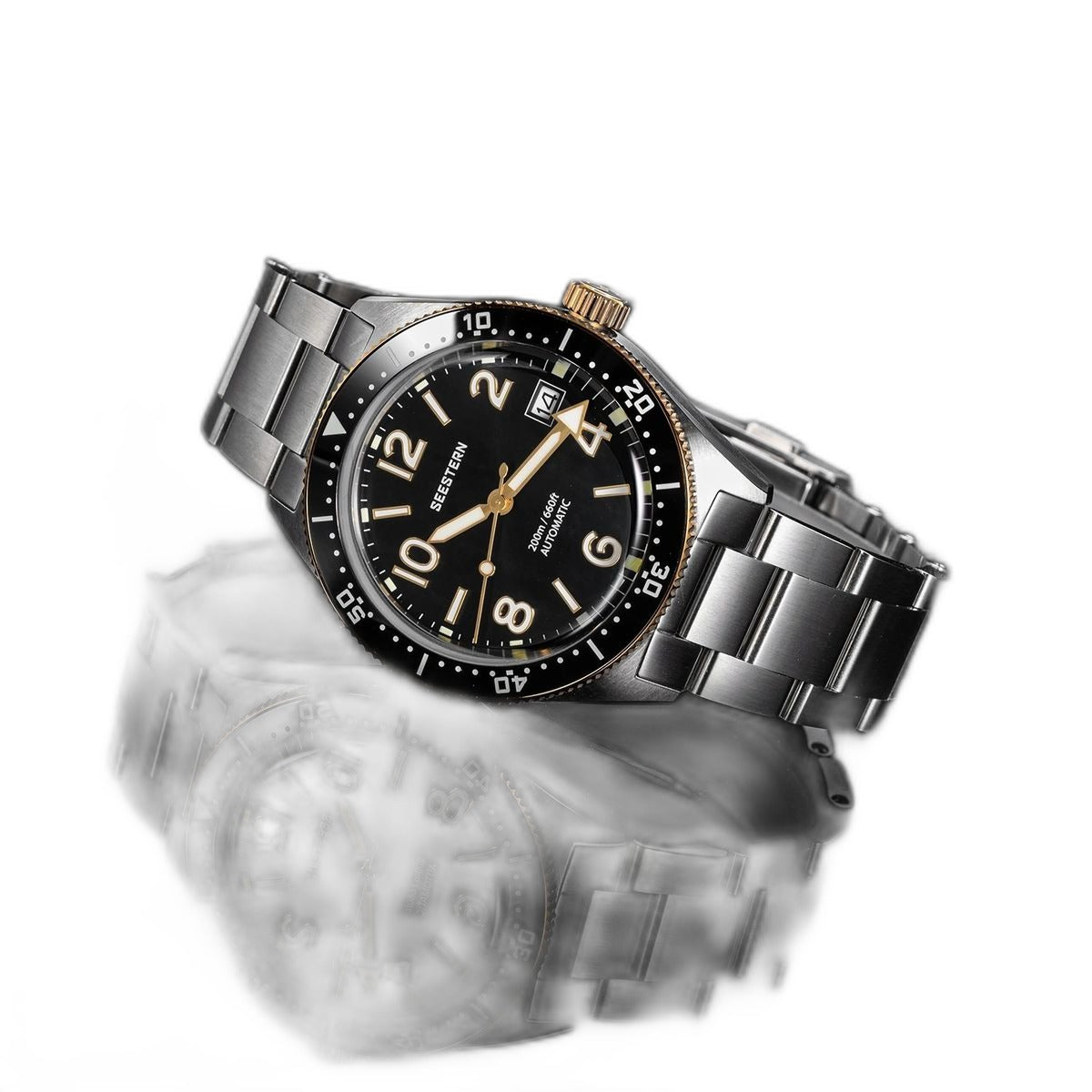 Seestern S434-2 black-and-gold skin diver on steel bracelet, dramatic angled reflection view