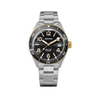 Seestern S434-2 skin diver 39mm, black dial, gold bezel and gold hands, steel bracelet, front view