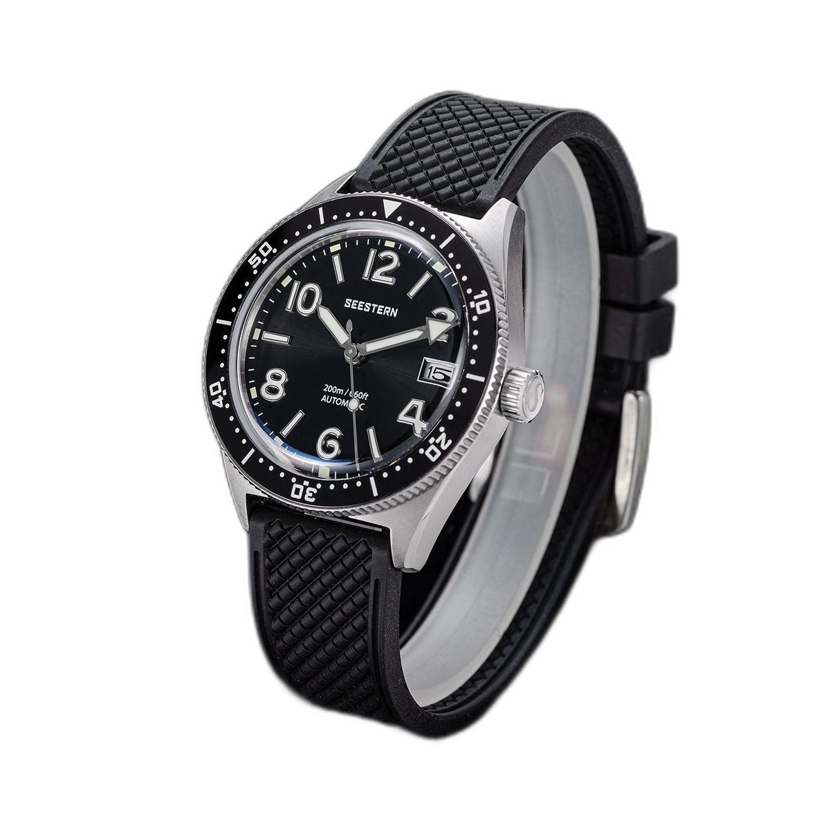 Seestern S434-2 black-dial skin diver on black tropic rubber strap, angled studio view