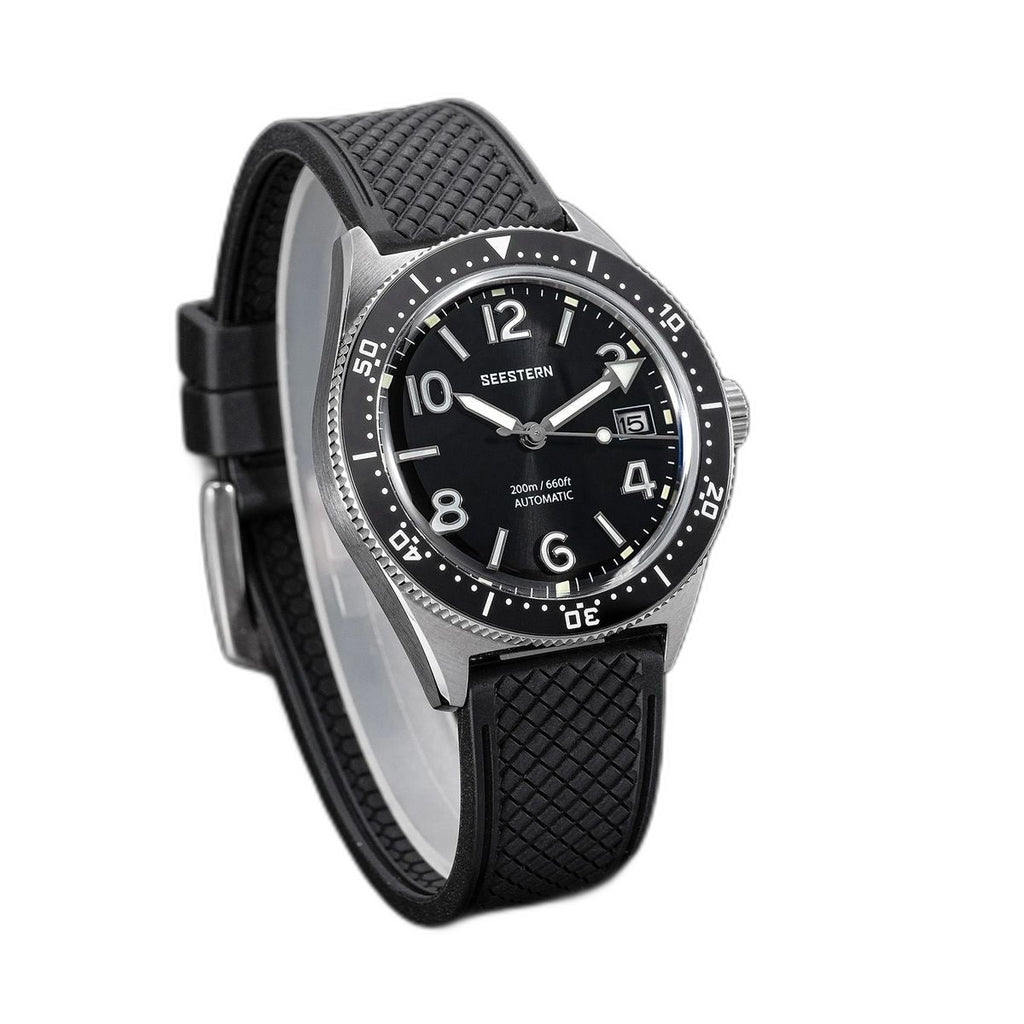 Seestern S434-2 black-dial skin diver on black tropic rubber strap, low angled view