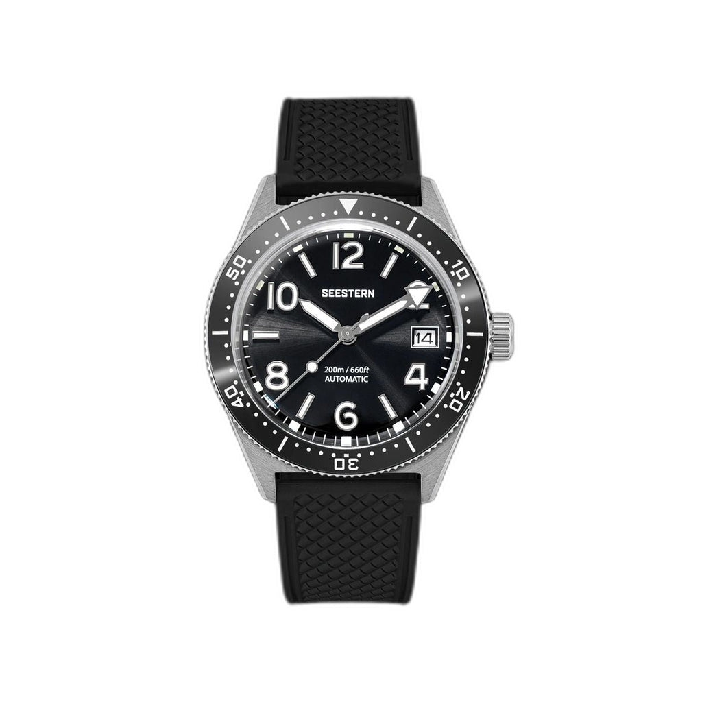 Seestern S434-2 automatic skin diver 39mm, black dial and bezel on black tropic rubber strap, front