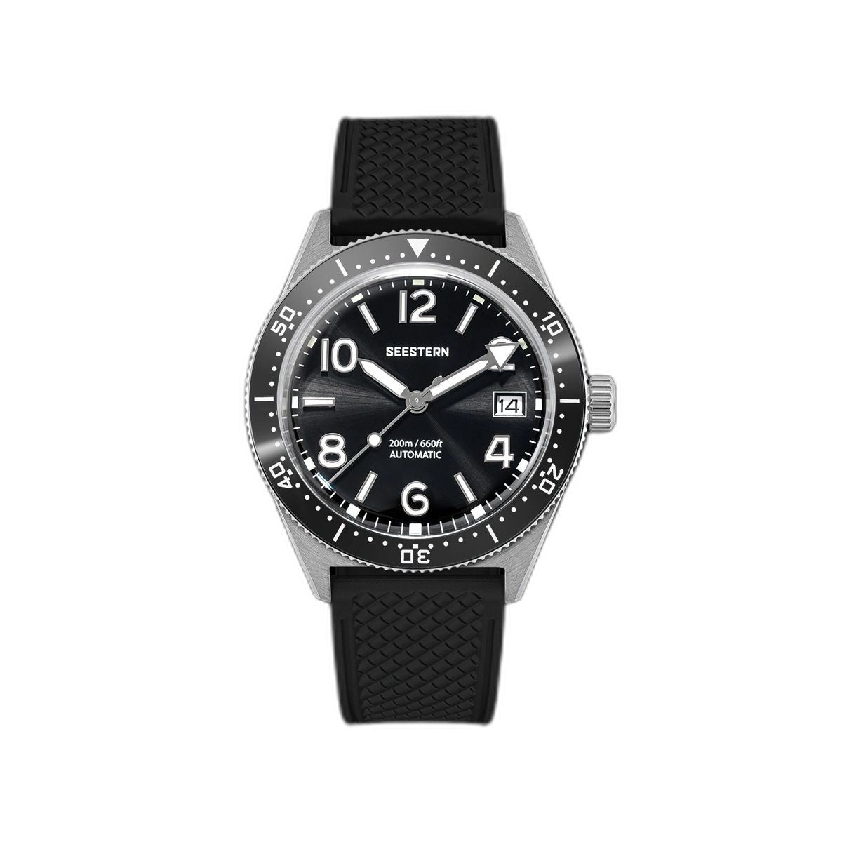 Seestern S434-2 automatic skin diver 39mm, black dial and bezel on black tropic rubber strap, front