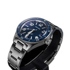 Seestern S434-2 blue-dial skin diver on steel bracelet, dramatic low angled view