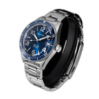 Seestern S434-2 blue-dial skin diver on steel bracelet, angled studio product view