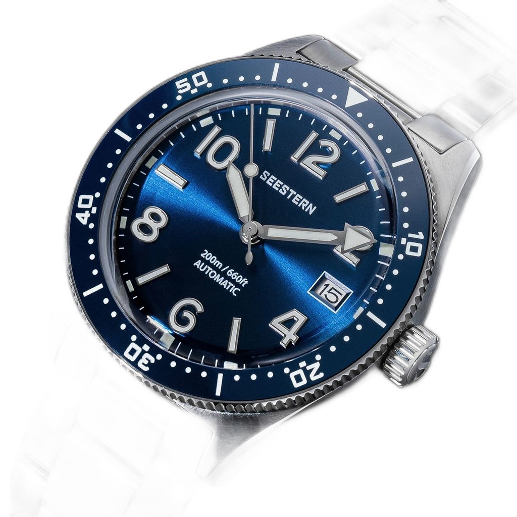 Seestern S434-2 blue-dial skin diver on steel bracelet, three-quarter angled view