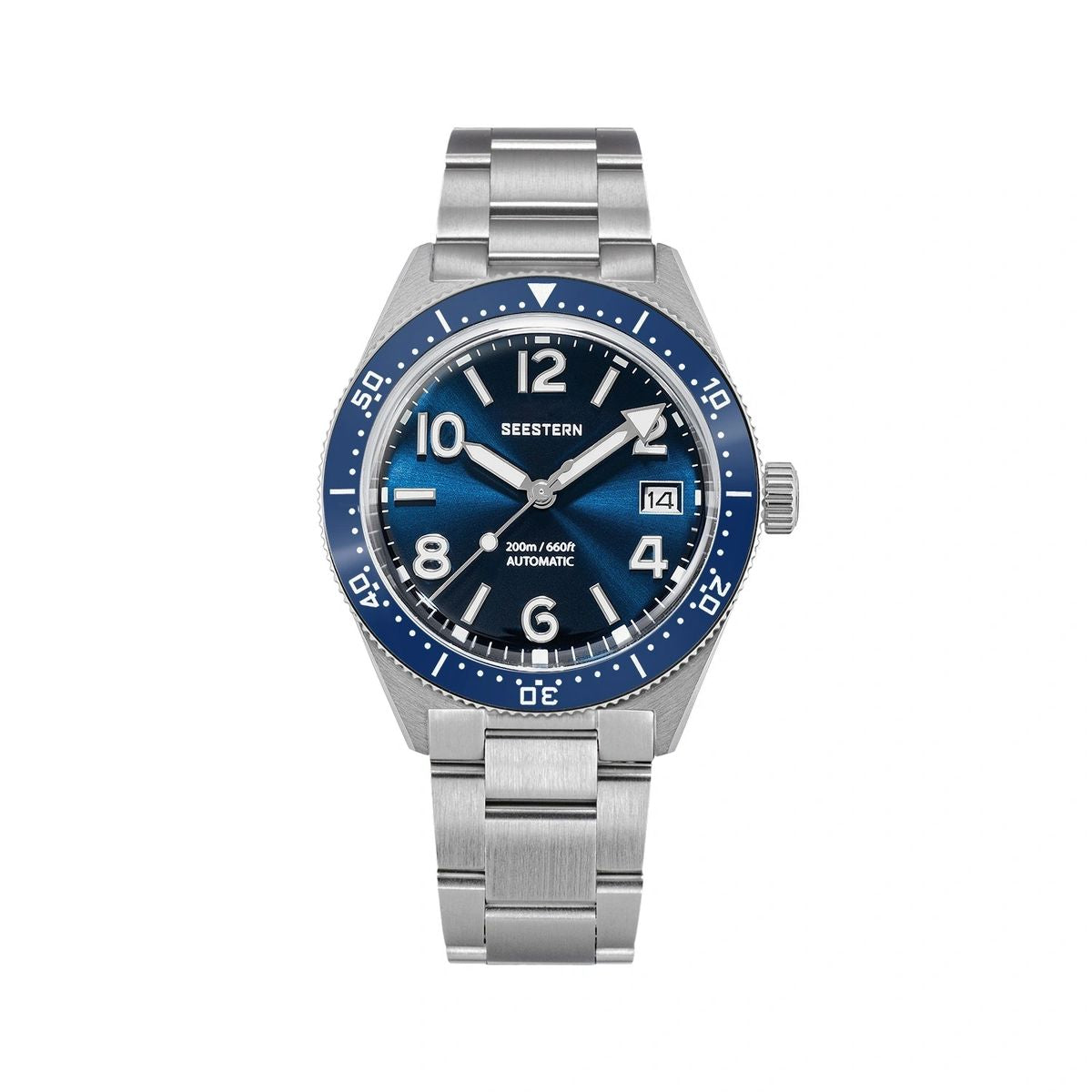 Seestern S434-2 automatic skin diver 39mm, blue sunburst dial, blue bezel, steel bracelet, front view