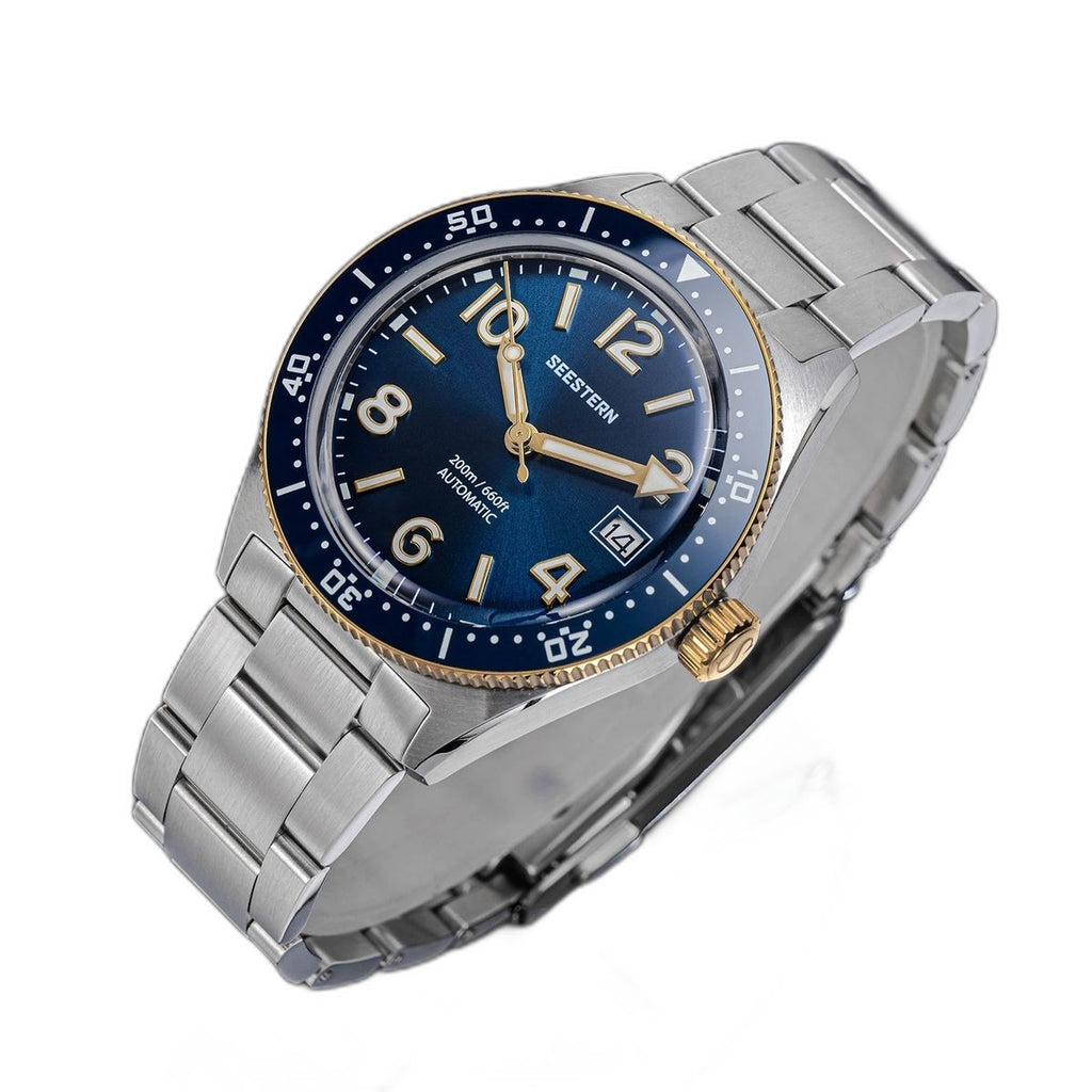 Seestern S434-2 blue-and-gold skin diver on steel bracelet, angled studio view