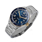 Seestern S434-2 blue-and-gold skin diver on steel bracelet, angled studio view