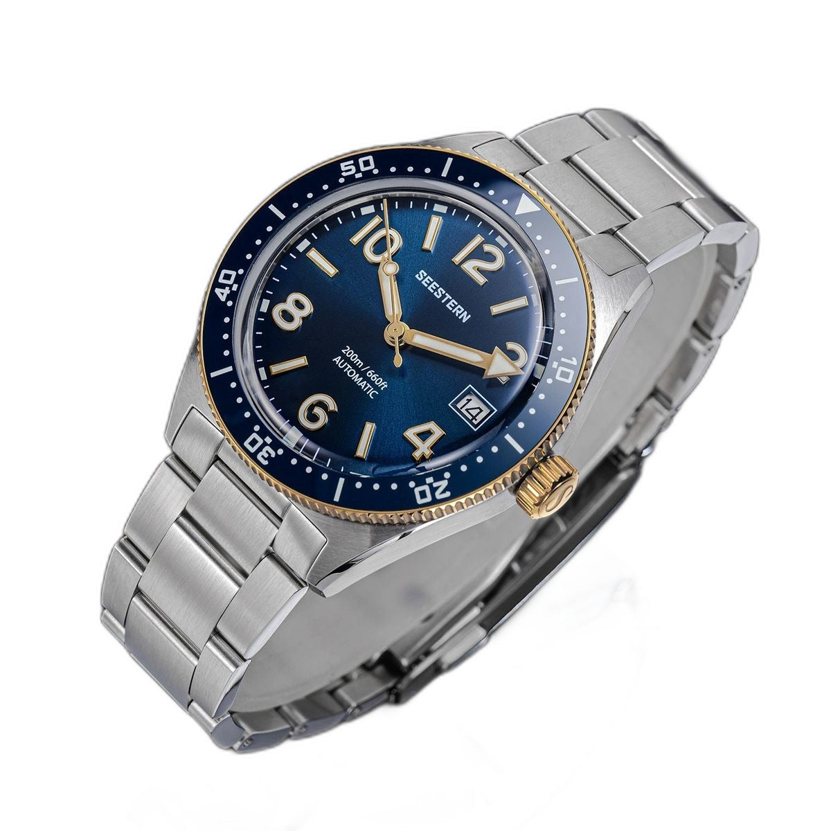 Seestern S434-2 blue-and-gold skin diver on steel bracelet, angled studio view