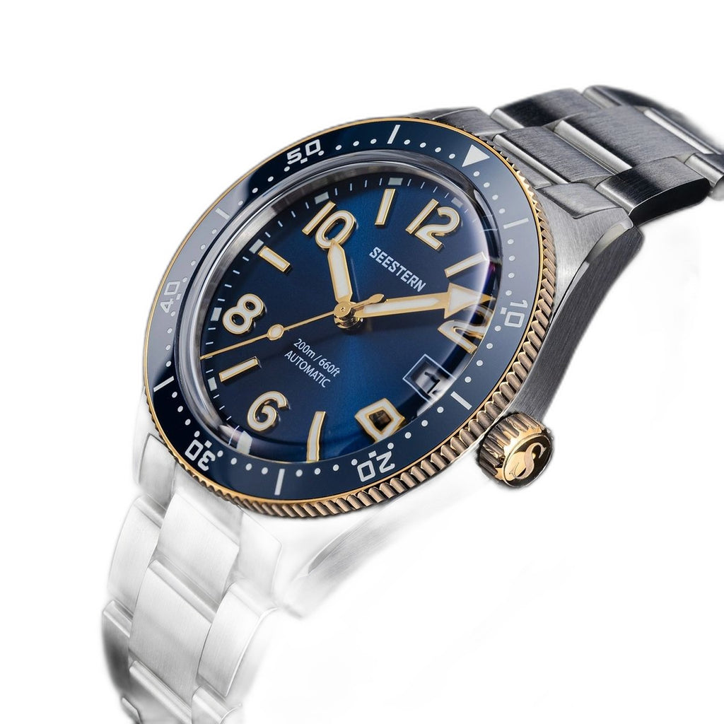 Seestern S434-2 blue-and-gold skin diver on steel bracelet, low angled studio view