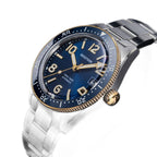 Seestern S434-2 blue-and-gold skin diver on steel bracelet, low angled studio view