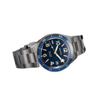 Seestern S434-2 blue-and-gold skin diver, gold bezel and hands, steel bracelet, angled view