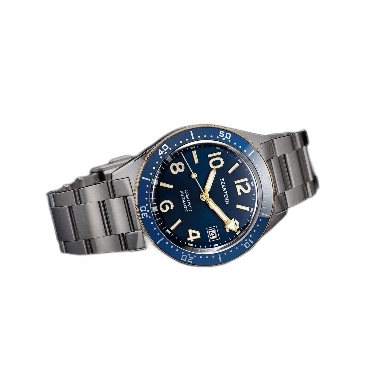 Seestern S434-2 blue-and-gold skin diver, gold bezel and hands, steel bracelet, angled view
