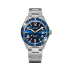 Seestern S434-2 skin diver 39mm, blue dial, gold bezel and gold hands, steel bracelet, front view