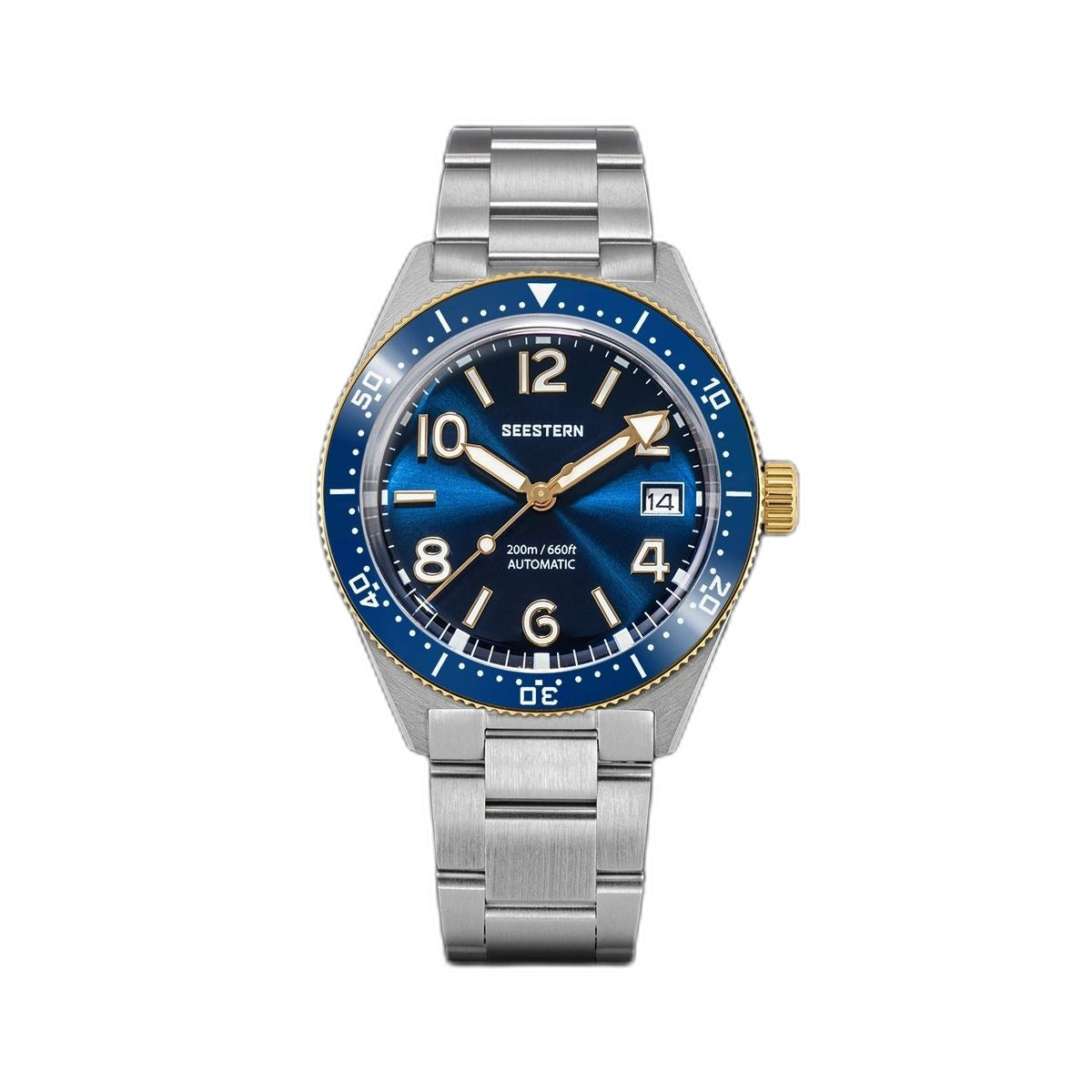 Seestern S434-2 skin diver 39mm, blue dial, gold bezel and gold hands, steel bracelet, front view