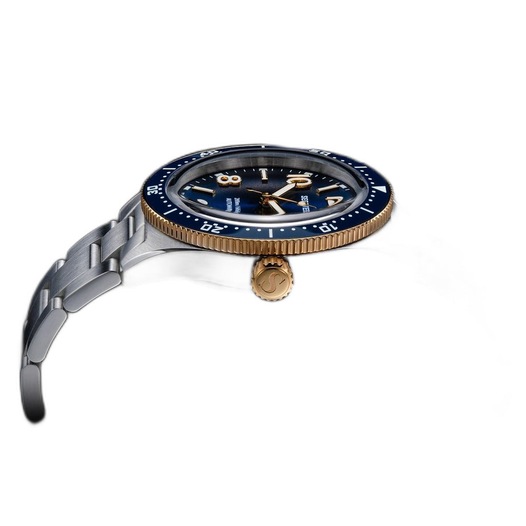 Seestern S434-2 blue-and-gold skin diver side profile with gold bezel and gold screw crown